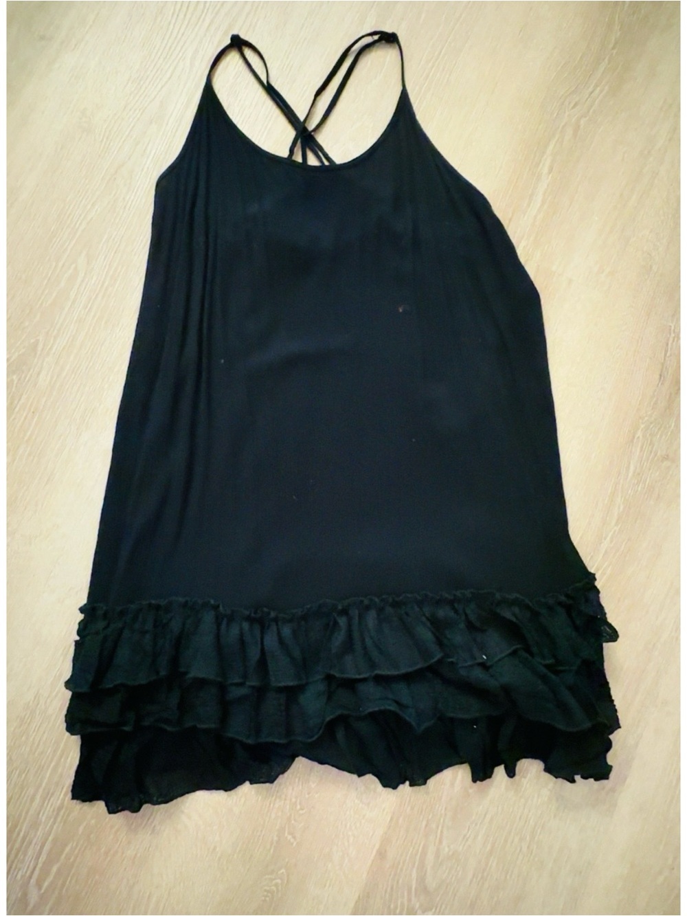 Three Bird Nest Black Ruffle-Hem Spaghetti Strap Dress